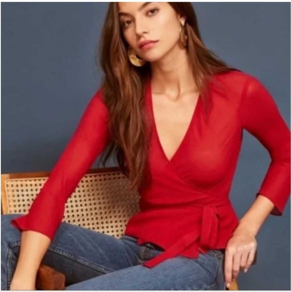 Reformation Langley Scarlet Wrap Tie Blouse Top Size XS